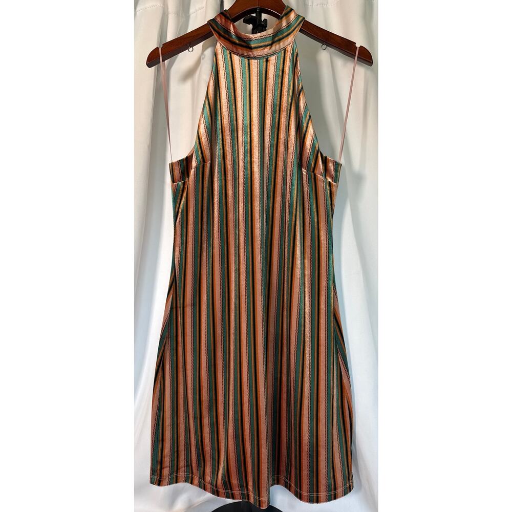 Endless Rose Velvet Halter Swing Dress 70s Retro Striped Mini Anthropologie M
